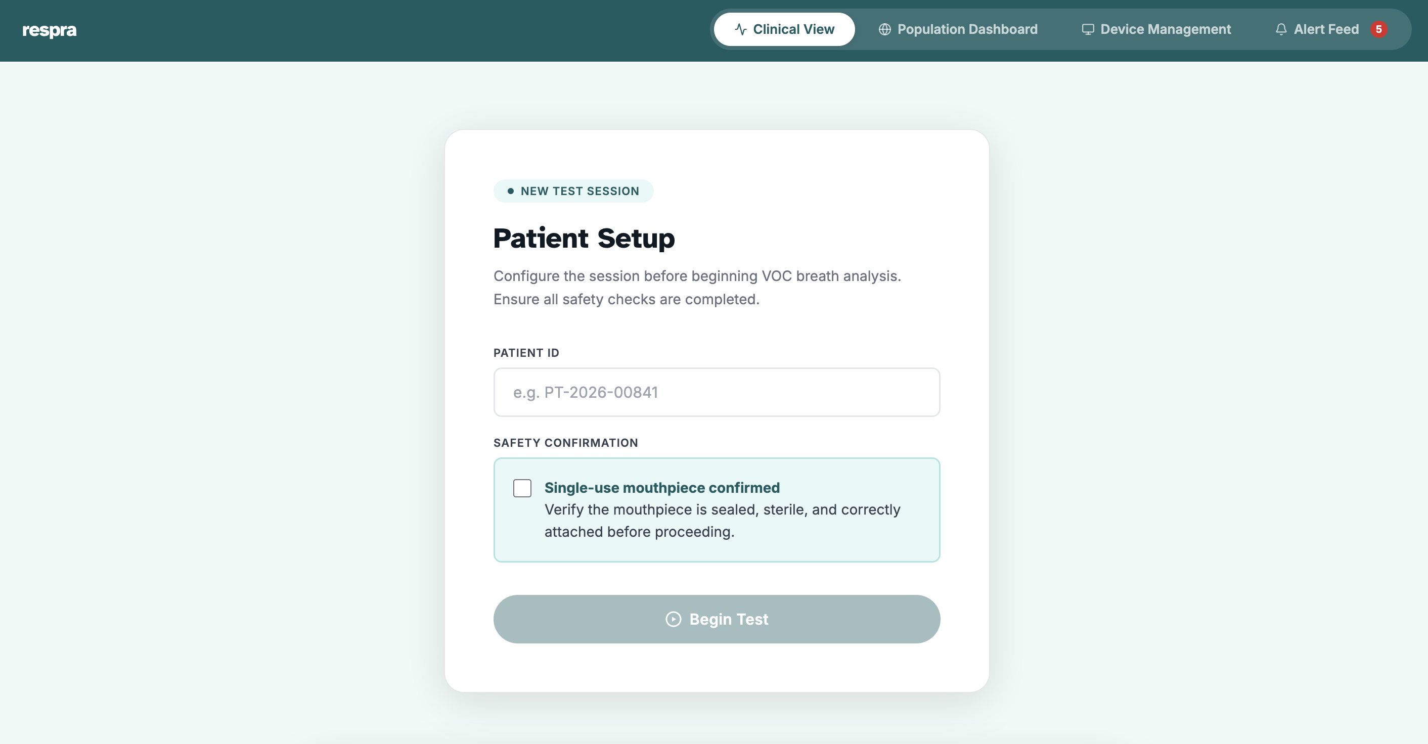 Patient Setup interface